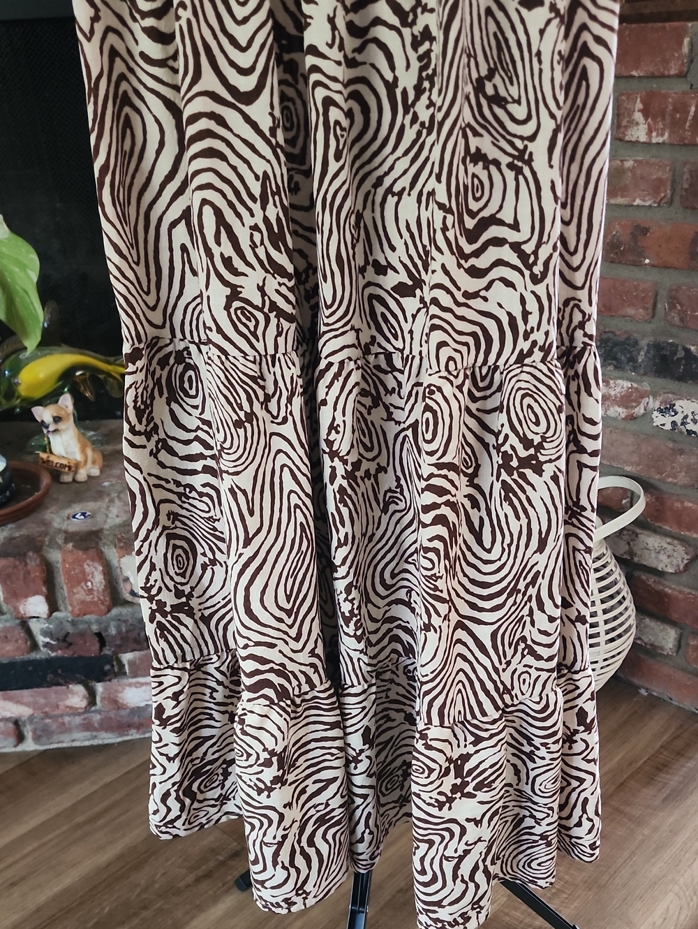 Moon River Brown Abstract Woodgrain Print Midi Dress Puff Sleeve Cottagecore Boh - Picture 4 of 11